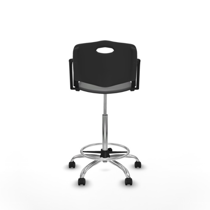 Taburete Robledo giratorio plástico negro brazos fijos base cromada ruedas autofrenantes 50mm