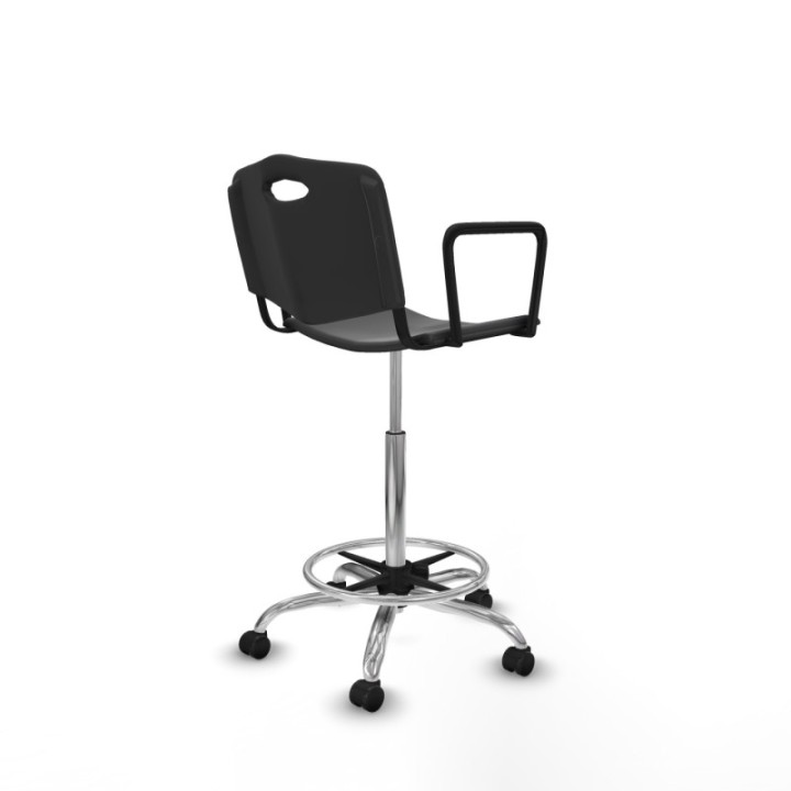 Taburete Robledo giratorio plástico negro brazos fijos base cromada ruedas autofrenantes 50mm