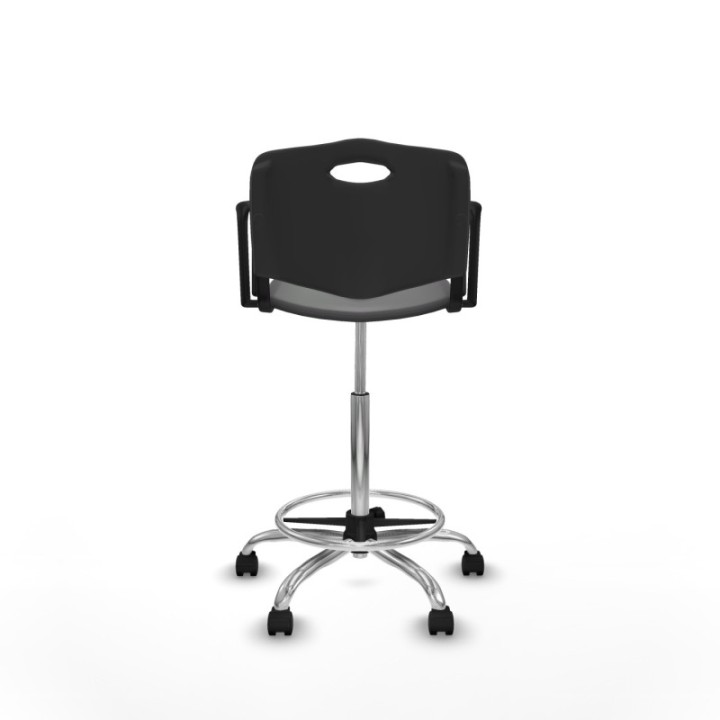 Taburete Robledo giratorio plástico negro brazos fijos base cromada ruedas nailon 50mm