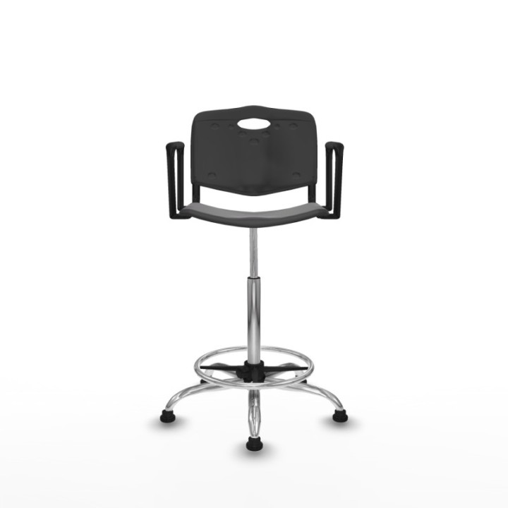 Taburete Robledo giratorio plástico negro brazos fijos base cromada topes