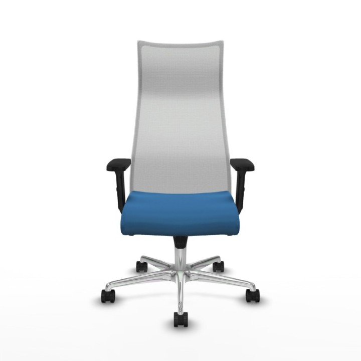 Albacete malla sincro malla blanca similpiel azul claro brazos 2D base aluminio ruedas 65 mm nailon