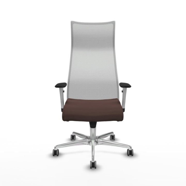 Albacete malla sincro malla blanca similpiel marrón oscuro brazos blancos base aluminio ruedas 65mm engomadas