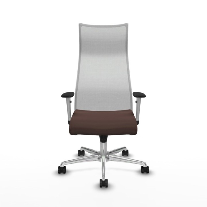 Albacete malla sincro malla blanca similpiel marrón oscuro brazos blancos base aluminio ruedas 65 mm nailon