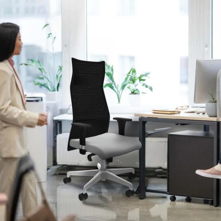 Albacete malla sincro malla gris similpiel blanco brazos 1D base blanca ruedas 65 mm nailon