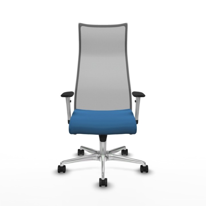 Albacete malla sincro malla gris similpiel azul claro brazos blancos base aluminio ruedas 65 mm nailon