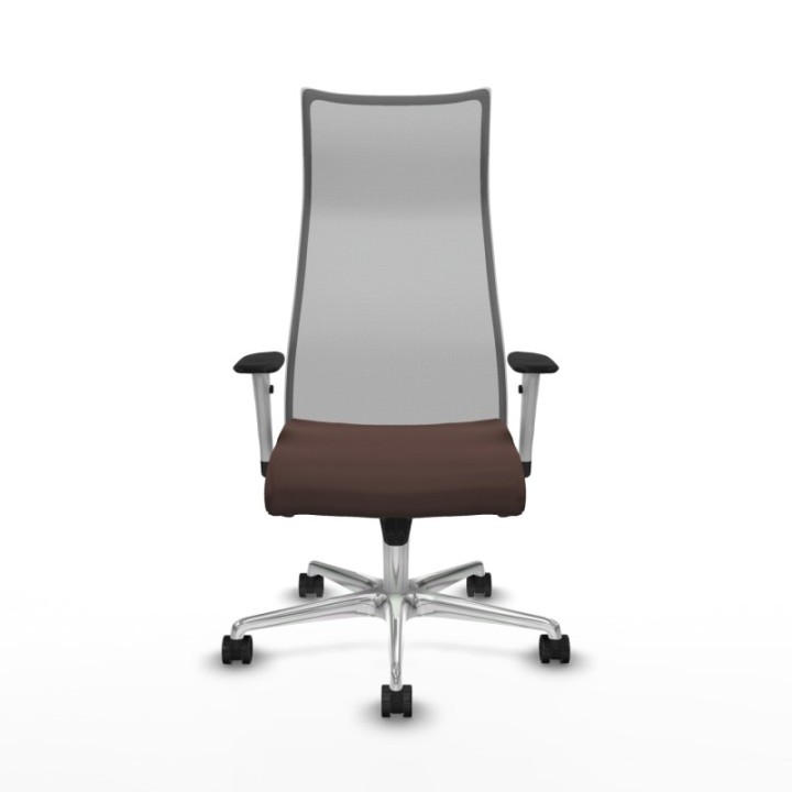 Albacete malla sincro malla gris similpiel marrón oscuro brazos blancos base aluminio ruedas 65 mm nailon