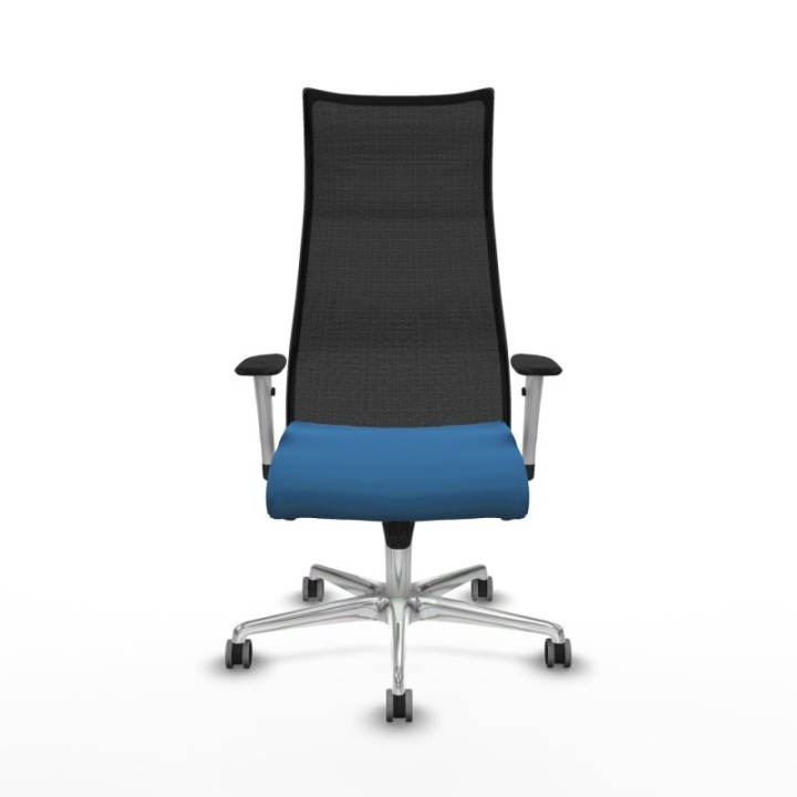 Albacete malla sincro malla negra similpiel azul claro brazos blancos base aluminio ruedas 65mm engomadas