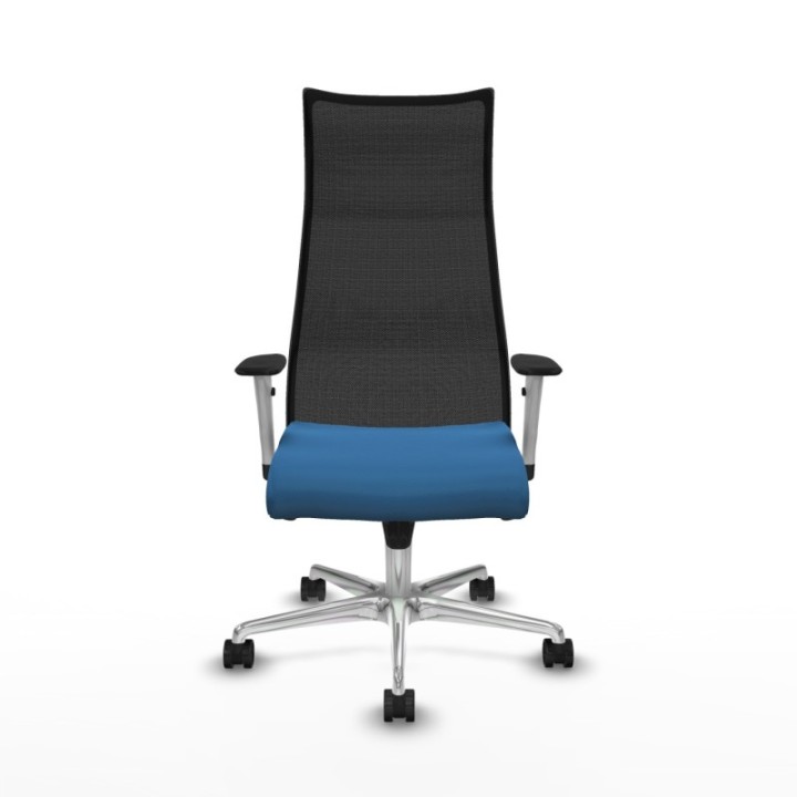 Albacete malla sincro malla negra similpiel azul claro brazos blancos base aluminio ruedas 65 mm nailon