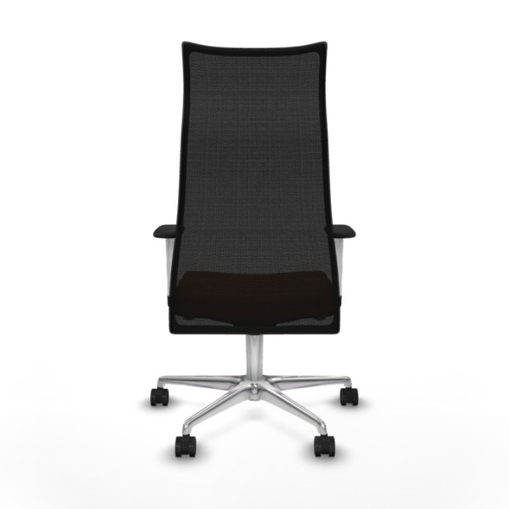 Albacete malla sincro malla negra similpiel marrón brazos blancos base aluminio ruedas 65 mm nailon