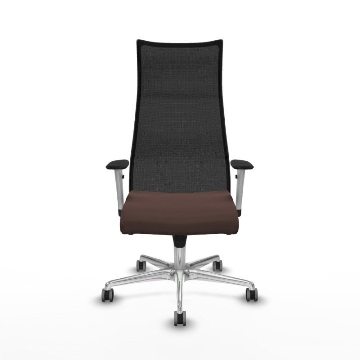 Albacete malla sincro malla negra similpiel marrón oscuro brazos blancos base aluminio ruedas 65mm engomadas