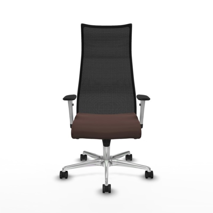 Albacete malla sincro malla negra similpiel marrón oscuro brazos blancos base aluminio ruedas 65 mm nailon