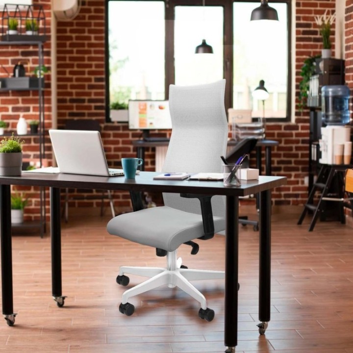 Albacete malla sincro malla negra similpiel marrón oscuro brazos 2D base blanca ruedas 65 mm nailon