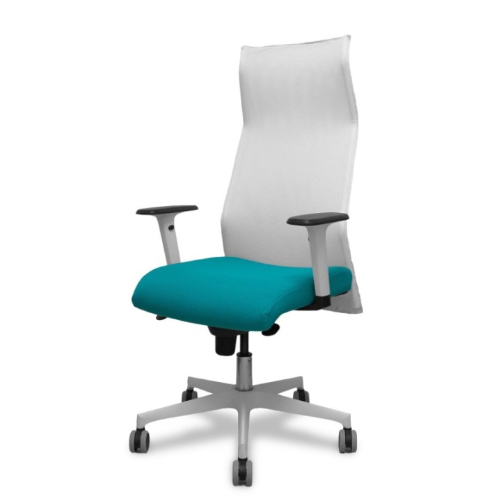 Sillón Albacete malla blanco bali turquesa brazos blancos base blanca ruedas parqué 65mm