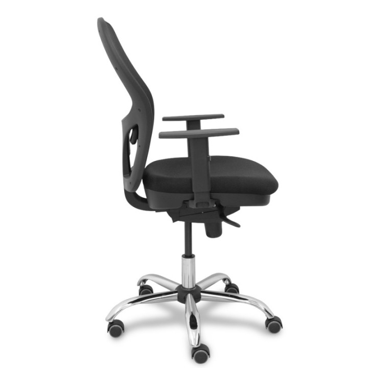 Silla Jorquera respaldo bali negro asiento bali negro base cromada y ruedas parqué