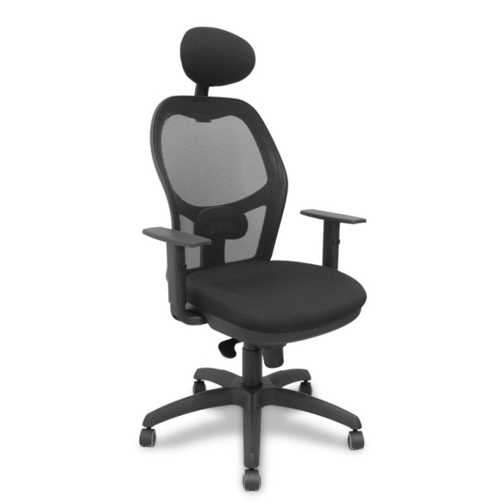 Silla Jorquera malla negra asiento bali negro con cabecero fijo y ruedas de parqué