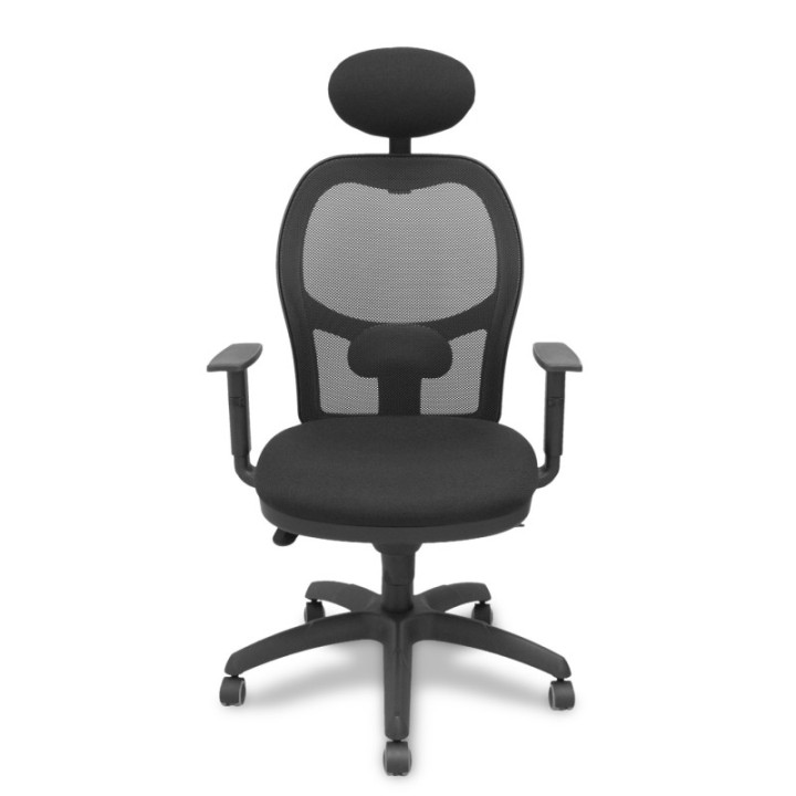 Silla Jorquera malla negra asiento bali negro con cabecero fijo y ruedas de parqué