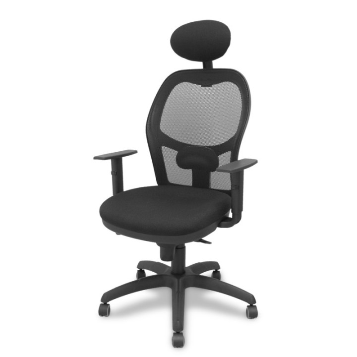 Silla Jorquera malla negra asiento bali negro con cabecero fijo y ruedas de parqué