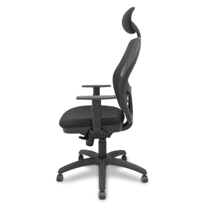 Silla Jorquera malla negra asiento bali negro con cabecero fijo y ruedas de parqué