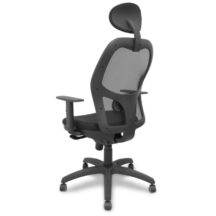 Silla Jorquera malla negra asiento bali negro con cabecero fijo y ruedas de parqué