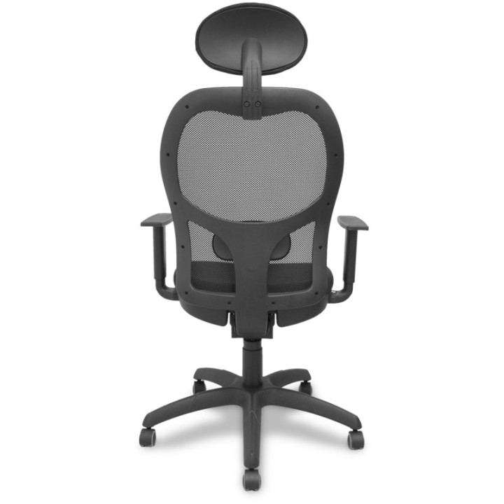 Silla Jorquera malla negra asiento bali negro con cabecero fijo y ruedas de parqué