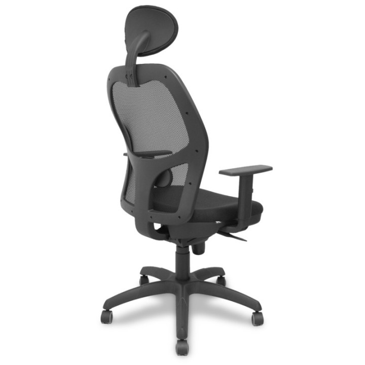 Silla Jorquera malla negra asiento bali negro con cabecero fijo y ruedas de parqué