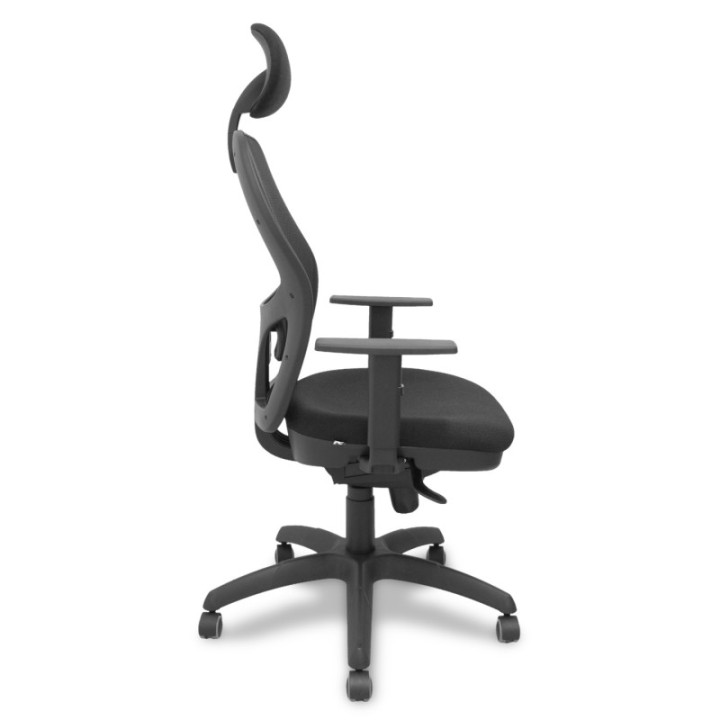 Silla Jorquera malla negra asiento bali negro con cabecero fijo y ruedas de parqué