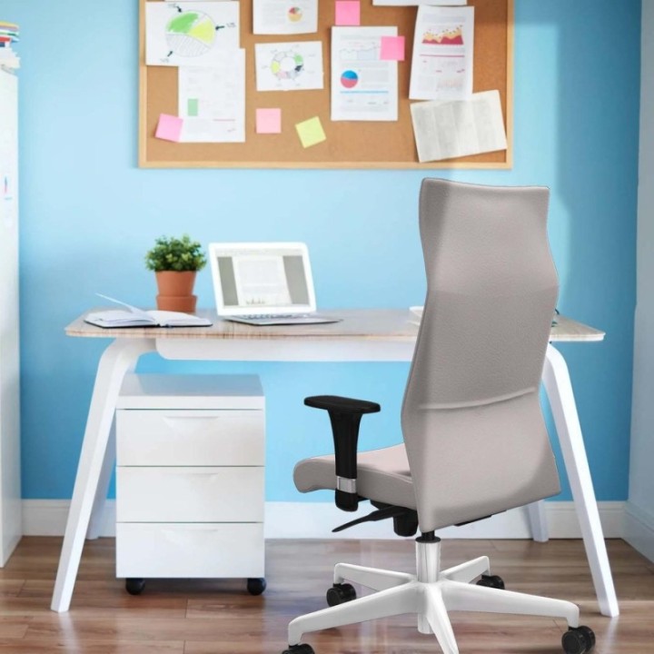 Albacete dirección sincro similpiel gris brazos 1D cromados base blanca ruedas 65 nailon