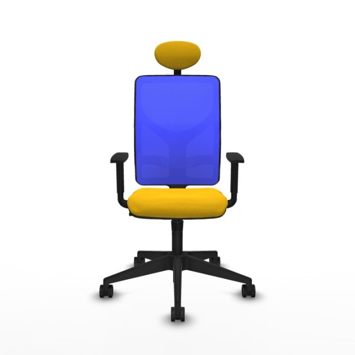 Motilla sincro malla azul bali amarillo brazos 1D base piramidal cabecero fijo ruedas 65mm nailon