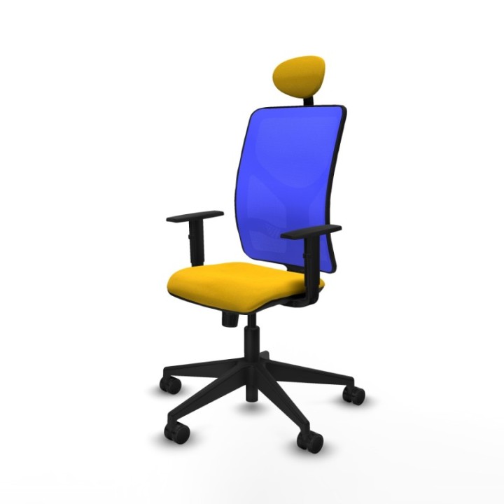 Motilla sincro malla azul bali amarillo brazos 1D base piramidal cabecero fijo ruedas 65mm nailon