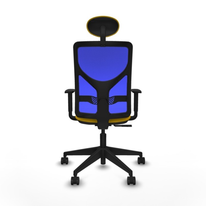 Motilla sincro malla azul bali amarillo brazos 1D base piramidal cabecero fijo ruedas 65mm nailon