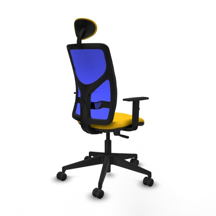 Motilla sincro malla azul bali amarillo brazos 1D base piramidal cabecero fijo ruedas 65mm nailon