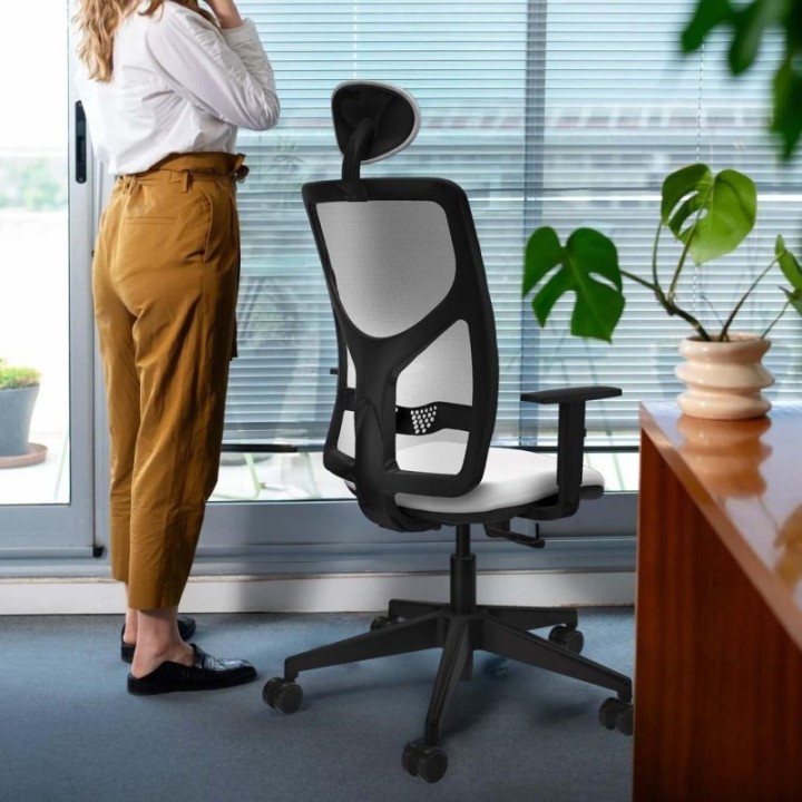 Motilla sincro malla azul bali amarillo brazos 1D base piramidal cabecero fijo ruedas 65mm nailon