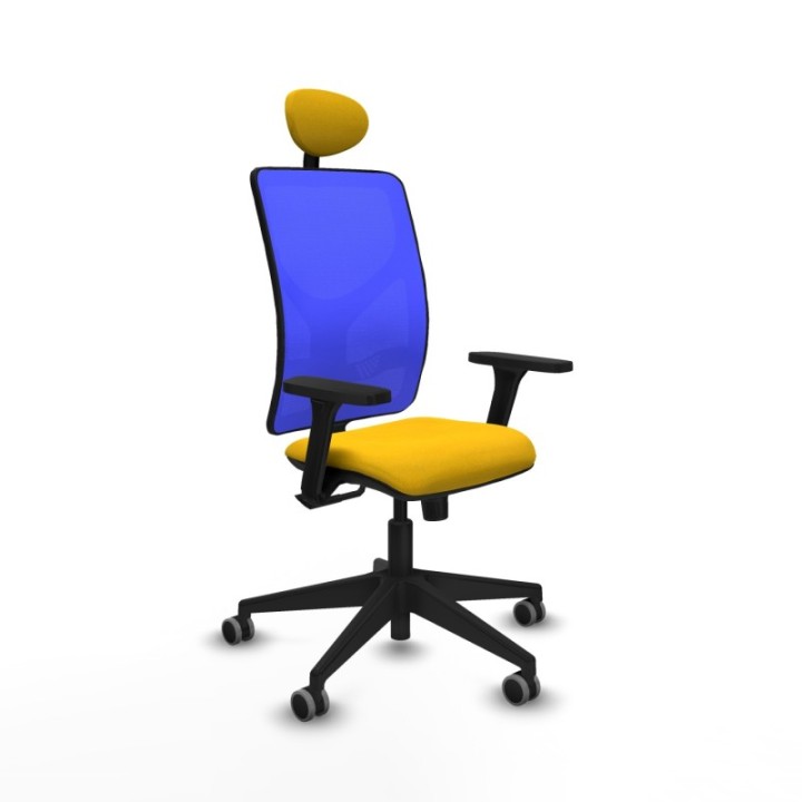 Motilla sincro malla azul bali amarillo brazos 3D base piramidal cabecero fijo ruedas 65mm engomadas