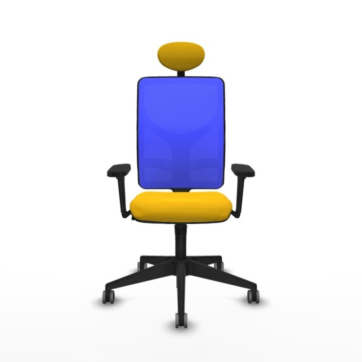 Motilla sincro malla azul bali amarillo brazos 3D base piramidal cabecero fijo ruedas 65mm engomadas