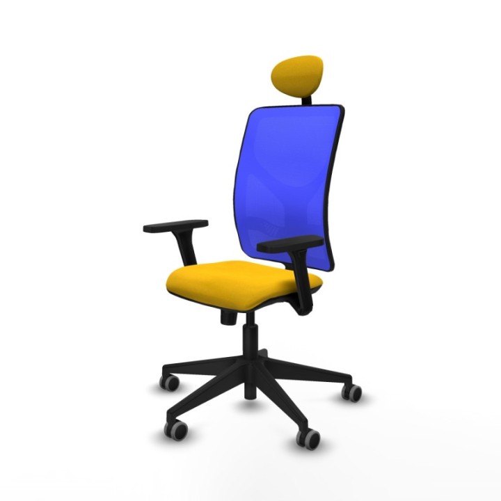 Motilla sincro malla azul bali amarillo brazos 3D base piramidal cabecero fijo ruedas 65mm engomadas