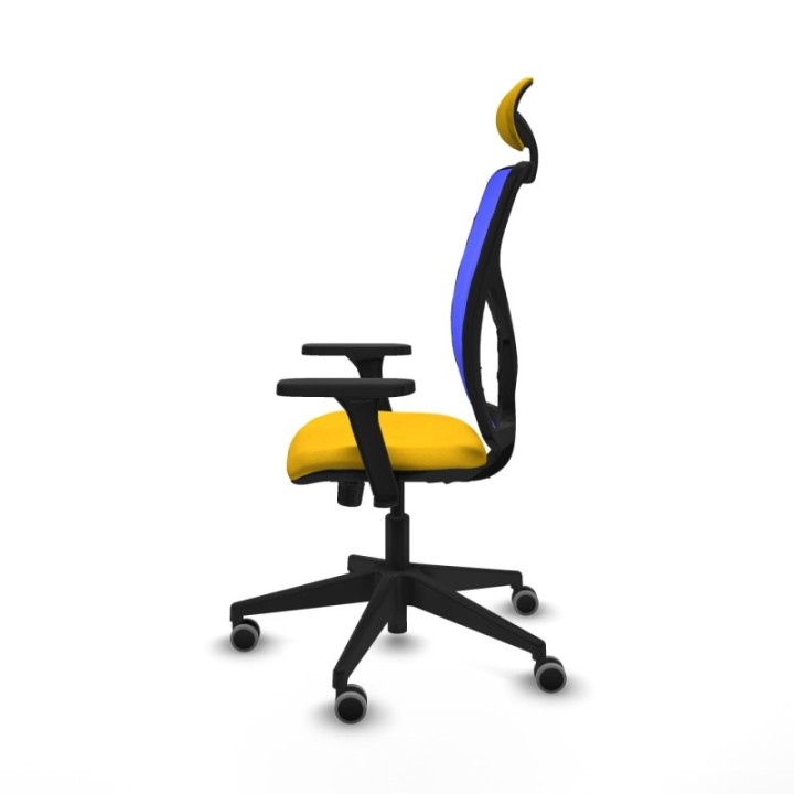 Motilla sincro malla azul bali amarillo brazos 3D base piramidal cabecero fijo ruedas 65mm engomadas