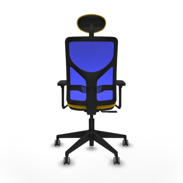 Motilla sincro malla azul bali amarillo brazos 3D base piramidal cabecero fijo ruedas 65mm engomadas