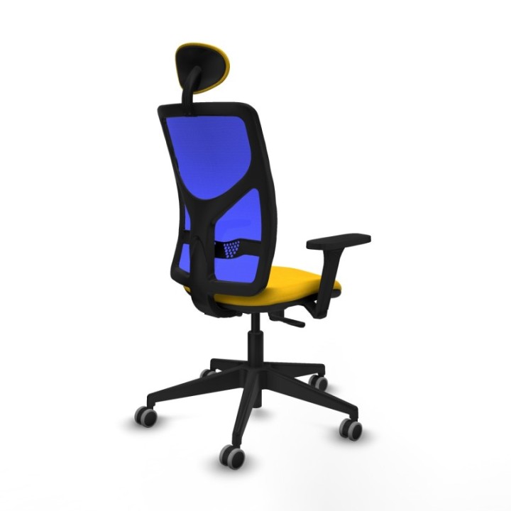 Motilla sincro malla azul bali amarillo brazos 3D base piramidal cabecero fijo ruedas 65mm engomadas