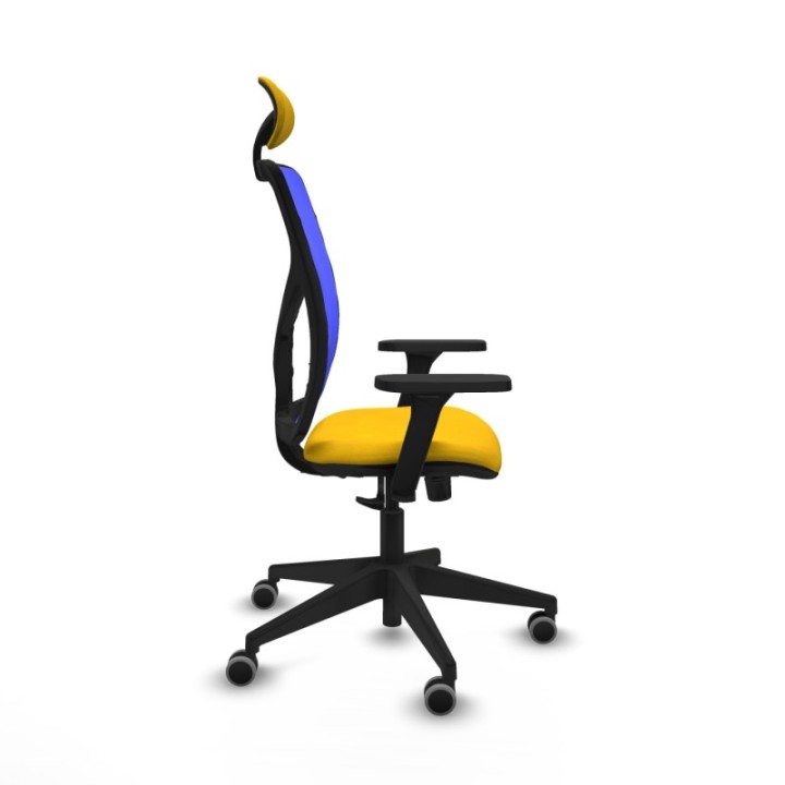 Motilla sincro malla azul bali amarillo brazos 3D base piramidal cabecero fijo ruedas 65mm engomadas