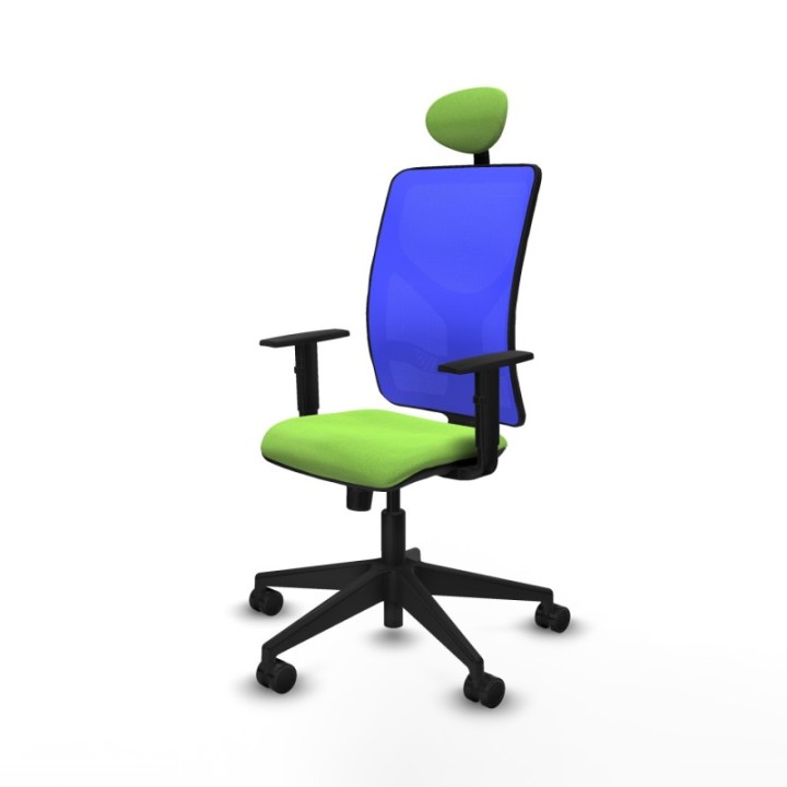 Motilla sincro malla azul bali pistacho brazos 1D base piramidal cabecero fijo ruedas 65mm nailon