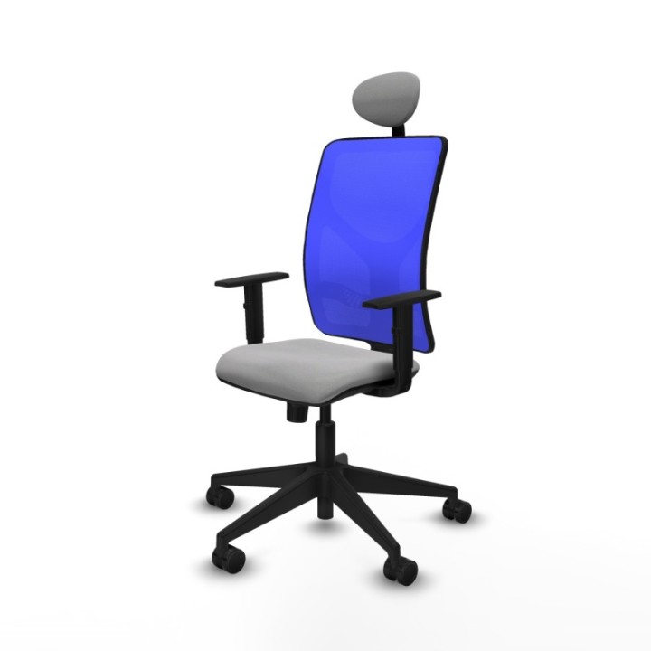 Motilla sincro malla azul bali gris claro brazos 1D base piramidal cabecero fijo ruedas 65mm nailon