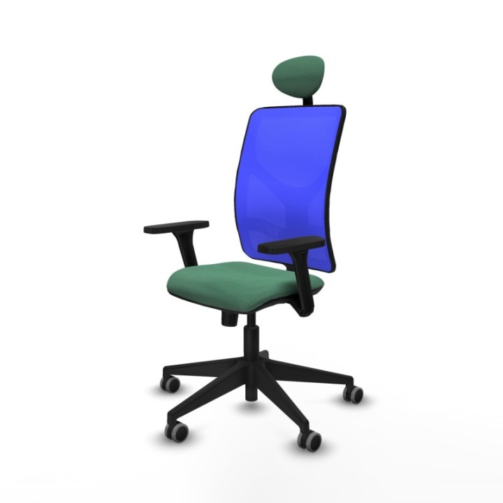 Motilla sincro malla azul bali verde esmeralda brazos 3D base piramidal cabecero fijo ruedas 65mm engomadas