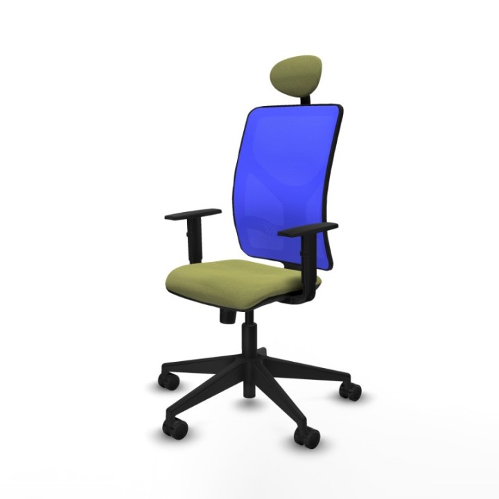 Motilla sincro malla azul bali verde oliva brazos 1D base piramidal cabecero fijo ruedas 65mm nailon