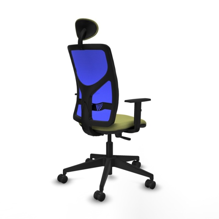 Motilla sincro malla azul bali verde oliva brazos 1D base piramidal cabecero fijo ruedas 65mm nailon