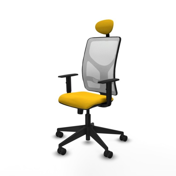 Motilla sincro malla blanca bali amarillo brazos 1D base piramidal cabecero fijo ruedas 65mm nailon