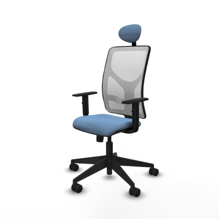 Motilla sincro malla blanca bali azul cielo brazos 1D base piramidal cabecero fijo ruedas 65mm nailon