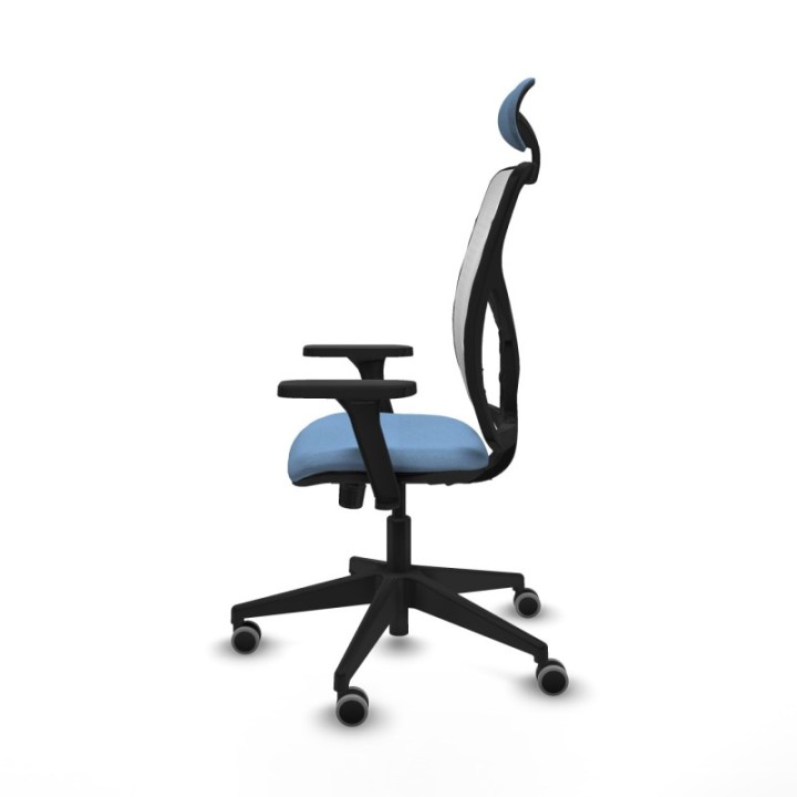 Motilla sincro malla blanca bali azul cielo brazos 3D base piramidal cabecero fijo ruedas 65mm engomadas