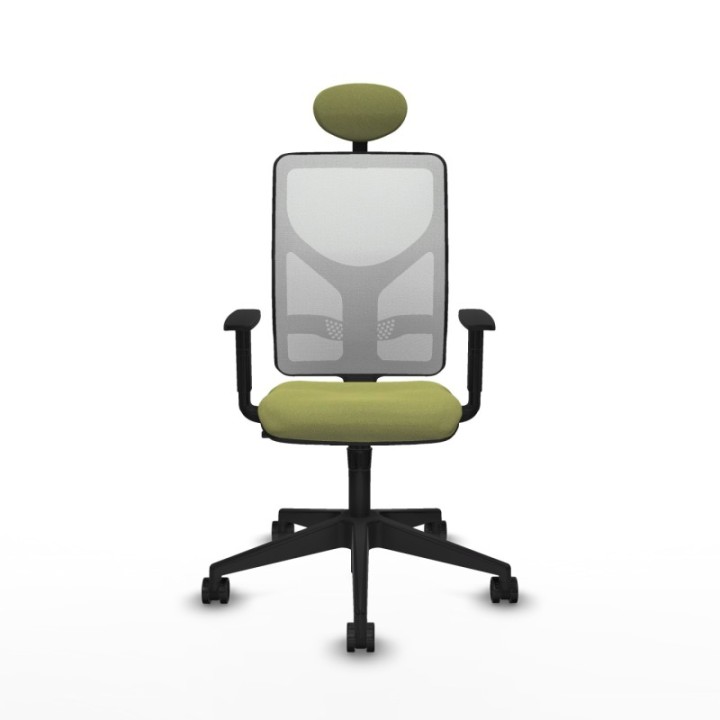 Motilla sincro malla blanca bali verde oliva brazos 1D base piramidal cabecero fijo ruedas 65mm nailon