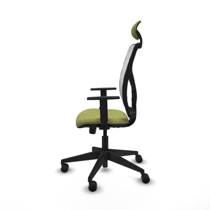 Motilla sincro malla blanca bali verde oliva brazos 1D base piramidal cabecero fijo ruedas 65mm nailon