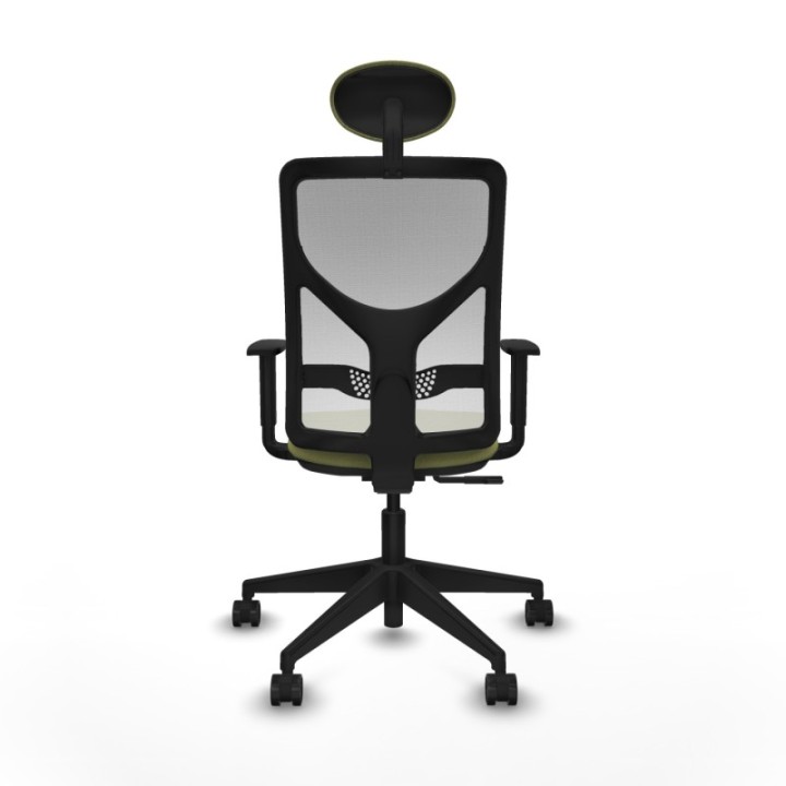 Motilla sincro malla blanca bali verde oliva brazos 1D base piramidal cabecero fijo ruedas 65mm nailon